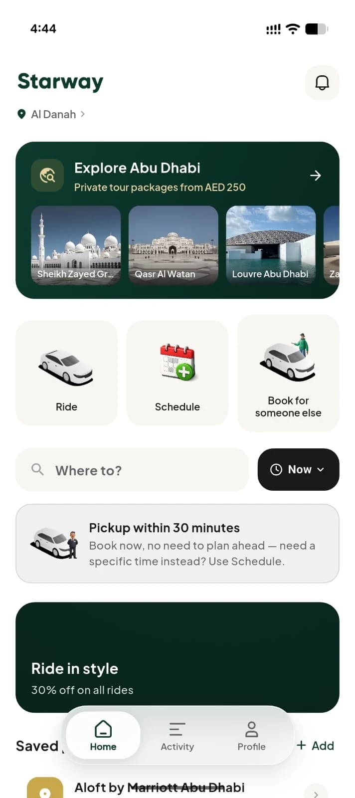 Starway app home screen — ride, schedule, book for someone else and explore Abu Dhabi