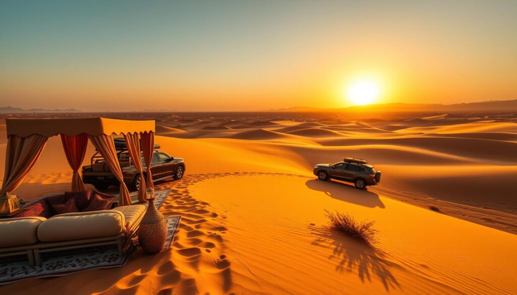 SUV crossing golden desert dunes at sunset